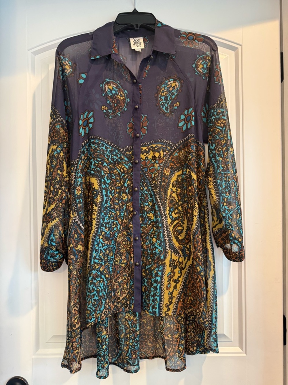 Ivy Jane Sheer Hi-Low Button Front Paisley Tunic